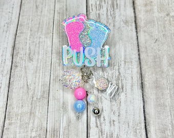 Labor and delivery, baby feet, baby nurse, RN badge reel.