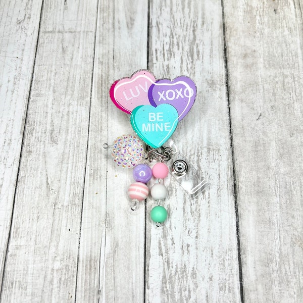 Candy hearts Valentine’s Day Badge reel, Valentine badge holder, candy hearts badge reel, cute Valentine’s Day badge holder