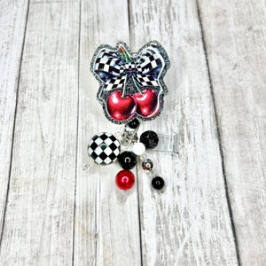 Cherry badge reel, cute checkered cherry badge reel, cute nurse badge reel, fruit badge reel, ID holder, badge holder