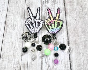 Halloween skeleton hand peace sign badge reel,peace sign Halloween badge reel, Halloween badge stitch reel, badge reel,