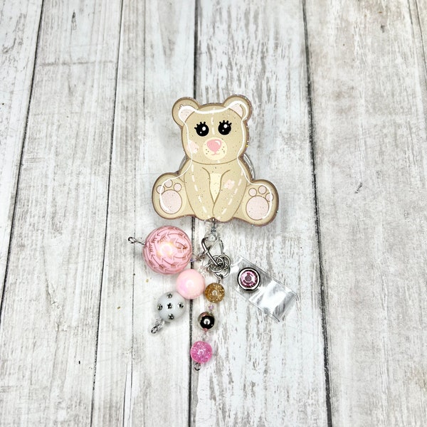 Pink Teddy bear badge, bear day badge reel, pink bear badge reel, nurse badge reel