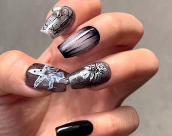 Moon Flower I Press-On Nails | Reusable Handmade Nails | Korean Aesthetic Nail Art | Short Fake Nails | Winter Nails