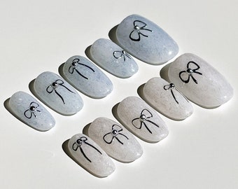 Cloudy Ribbon Press-On Nails | Reusable Handmade Nails | Korean Aesthetic Nail Art | Short Fake Nails | Japanese Press ons | Ribbon Nails