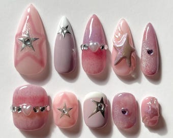 Pink Star Press-On Nails | Reusable Handmade Nails | Korean Aesthetic Nail Art | Short Fake Nails | Japanese Press ons | Kawaii Nails