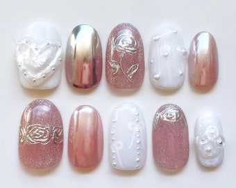 Dreamy Roses Press-On Nails | Reusable Handmade Nails | Korean Aesthetic Nail Art | Short Fake Nails | Pink Pearl Nails