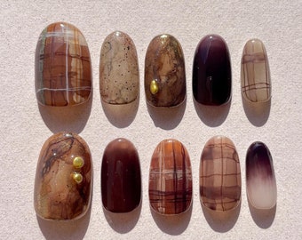 Earthy Brown Press-On Nails | Reusable Handmade Nails | Korean Aesthetic Nail Art | Short Fake Nails | Japanese Press ons | Brown Nails
