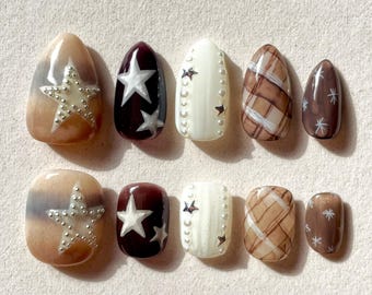 Brown Star Press-On Nails | Reusable Handmade Nails | Korean Aesthetic Nail Art | Short Fake Nails  | Japanese Nails