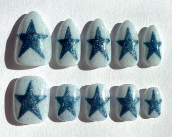 Blue Stars Press-On Nails | Reusable Handmade Nails | Korean Aesthetic Nail Art | Short Fake Nails