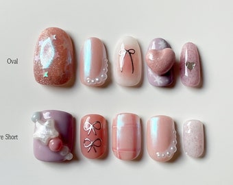 Bubble Gum Press-On Nails | Reusable Handmade Nails | Korean Aesthetic Nail Art | Short Fake Nails | Japanese Press ons | Kawaii Nails