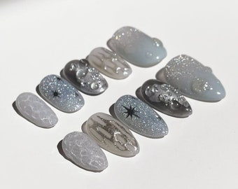 Sun Glitter Nails Press-On Nails | Reusable Handmade Nails | Korean Aesthetic Nail Art | Short Fake Nails | Chrome Nails