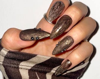 Bronze Press-On Nails | Reusable Handmade Nails | Korean Aesthetic Nail Art | Short Fake Nails