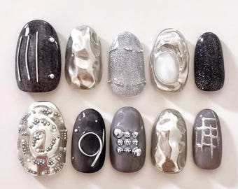 Stone Mirror Press-On Nails | Reusable Handmade Nails | Korean Aesthetic Nail Art | Short Fake Nails | Chrome Nails