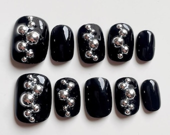 Black Bubbles Press-On Nails | Reusable Handmade Nails | Korean Aesthetic Nail Art | Short Fake Nails