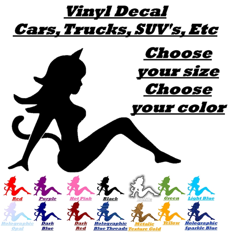 May include: A black silhouette of a woman with cat ears sitting with her legs crossed. The image is a vinyl decal for cars, trucks, SUVs, and other vehicles. The decal is available in a variety of colors, including red, purple, hot pink, black, white, green, light blue, holographic opal, dark blue, dark red, holographic blue threads, metallic texture gold, yellow, and holographic sparkle blue.