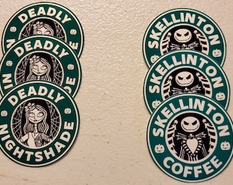 6 Pack Nightmare Before Christmas 3 Jack Skellington "Skellington Coffee" 2" and 3 Sally "Deadly Nightshade" Stickers