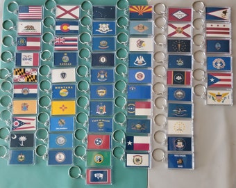USA Flag and Territory Flags art Keychain | Chain | Hanger | Pendent (2- Sided Front and Back) for backpack travel bag purse lanyard keyring