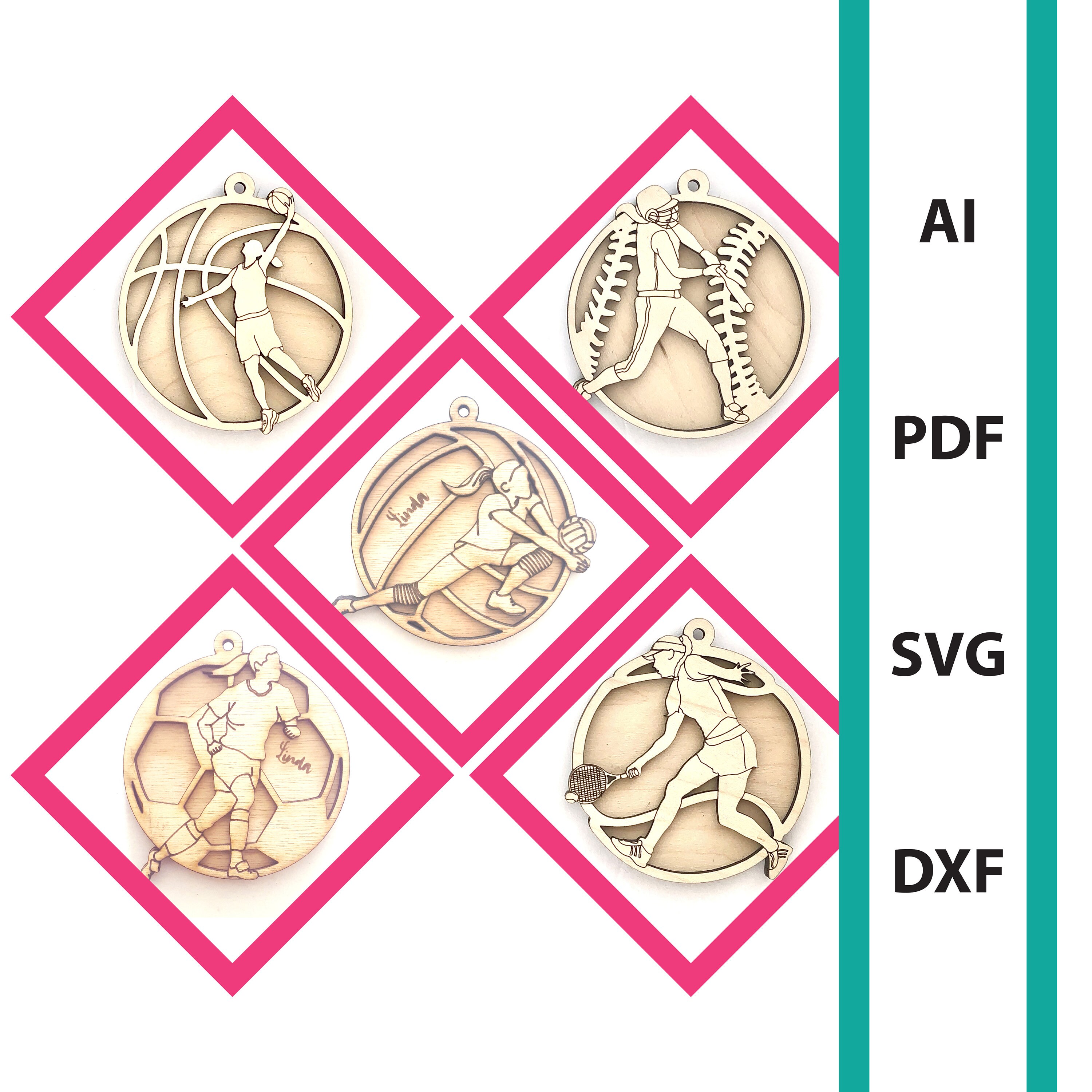 Sport bundle Christmas girls women ornament glowforge laser cut file commercial use dxf svg ai pdf baseball tennis basketball volleyball