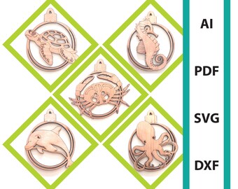 Sea animal bundle Christmas ornament glowforge laser cut file, commercial use dxf svg ai pdf sea turtle seahorse octopus crab sea creatures