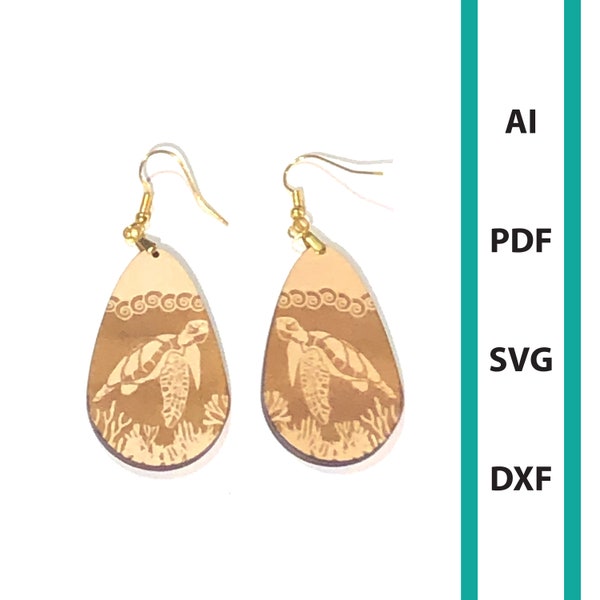 Seaturtle earrings glowforge laser cut file dxf svg ai pdf sea turtle sea creature ear rings turtle ocean life earring tear drop underwater