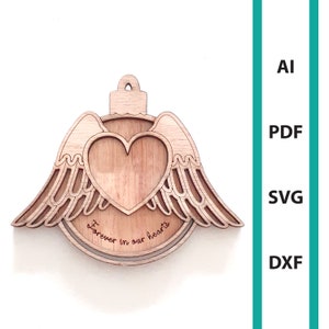 Memorial Christmas ornament Angelwings heart glowforge laser cut file, commercial use wall art download dxf svg ai pdf ornaments angel wings