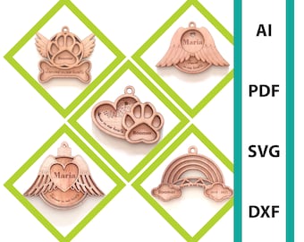 Memorial bundle Christmas ornament glowforge laser cut file commercial use dxf svg ai pdf dog memorial paw angelwings memorial tree hanger