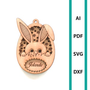 Easter basket tag ornament glowforge laser cut file, commercial use personalized dxf svg ai pdf ornaments easter egg bunny in grass scoring