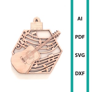 Gitaar Kerst ornament glowforge laser gesneden bestanden, commercieel gebruik decoratie downloaden dxf svg ai pdf muziek ornamenten boom hanger gitaar