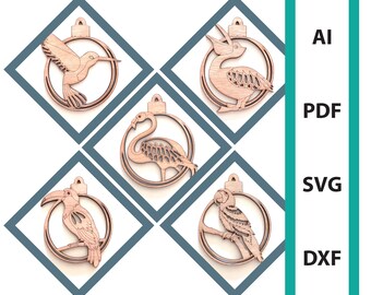 Tropical birds bundle Christmas ornament glowforge laser cut files, commercial use dxf svg ai pdf flamingo hummingbird pelican toucan parrot