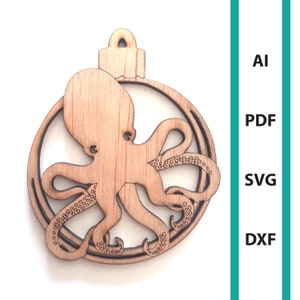 Octopus Christmas ornament glowforge laser cut files, commercial use wall art download dxf svg ai pdf octopus sea creatures ornaments