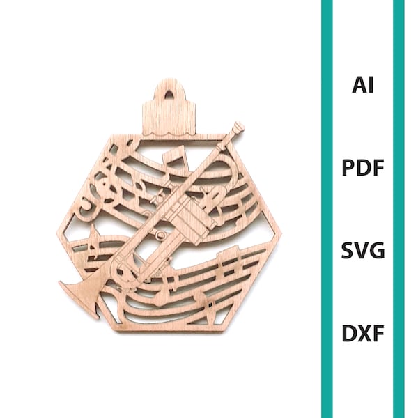 Trumpet Christmas ornament glowforge laser cut files, commercial use decoration download dxf svg ai pdf music ornaments tree hanger trumpet