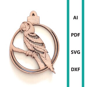 Arquivo de corte a laser de papagaio enfeite de Natal Glowforge, download de arte de parede para uso comercial dxf svg ai pdf enfeites de pássaros tropicais cabide de árvore lory