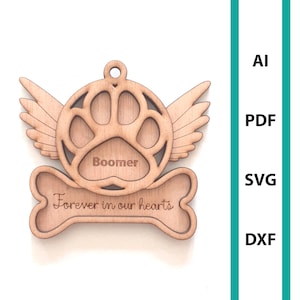 Memorial ornament Kerst hond poot memorial glowforge laser gesneden bestand, commercieel gebruik, download dxf svg ai pdf ornamenten hond poot boom hanger
