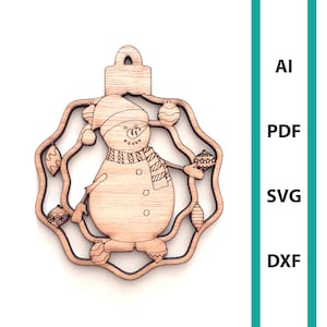 Snowman Christmas ornament glowforge laser cut file, commercial use download dxf svg ai pdf ornaments xmas tree hanger snowman with hat
