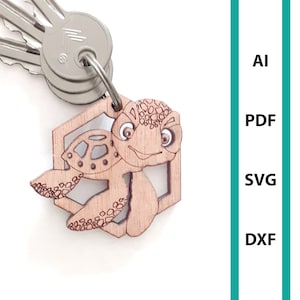 Seaturtle keychain glowforge laser cut file, uso comercial arte de pared descargar dxf svg ai pdf sea turtle sea creature key chain turtle ocean