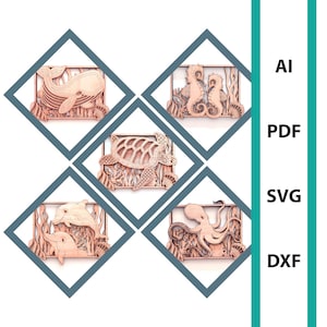 Bundle Sea animals wall art glowforge laser cut files, commercial use dxf svg ai pdf scoring files sea turtle seahorse whale octopus dolphin
