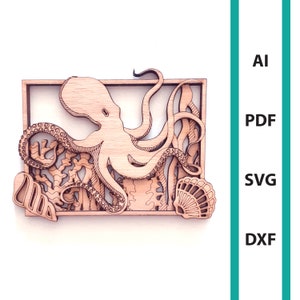 Octopus wall deco glowforge laser cut file commercial use wall art download dxf svg ai pdf sea turtle sea creature ocean beach scoring squid