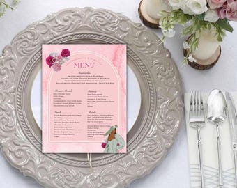 May include: A pink and white menu with a floral design and a woman in a blue dress. The menu lists sandwiches, entrees, drinks, and desserts. The text on the menu reads "The Restaurant & Menu".