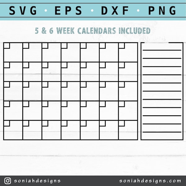 Calendar SVG - Monthly Calendar - Blank Calendar svg - Calendar Cut file - Digital Download, PNG, Cut Files for Cricut, Silhouette Cut Files