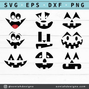 May include: Nine black and white pumpkin carving stencils featuring various facial expressions. The stencils are displayed against a white woodgrain backdrop.