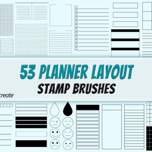 May include: 53 planner layout stamp brushes for Procreate. The image shows a variety of planner layouts, including grid, lined, and dotted paper. There are also some basic shapes and emoticons.