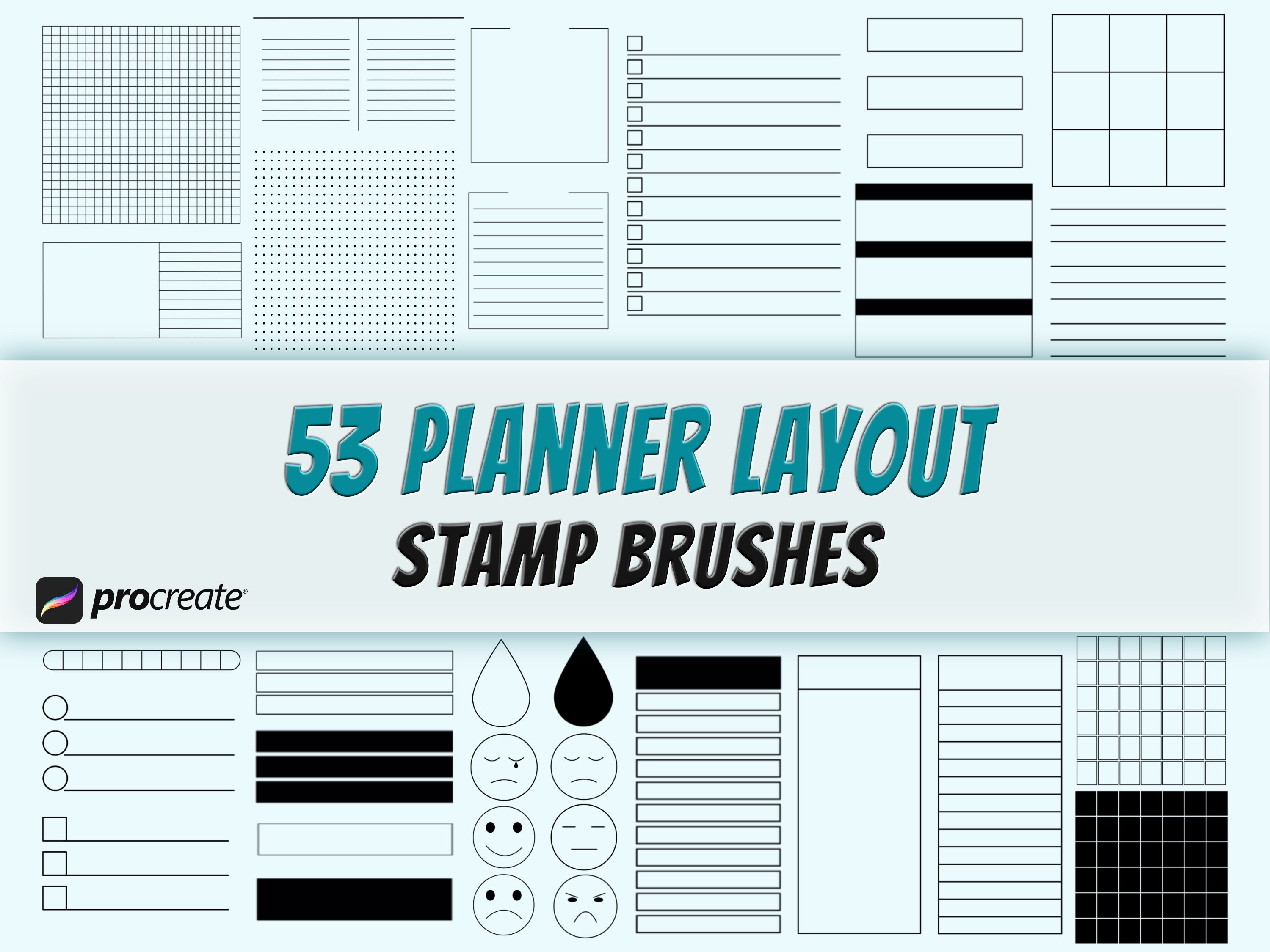 53 pinceaux tampons Procreate pour planner : mises en page, grilles, tableaux, listes, checklists et trackers (Usage commercial)