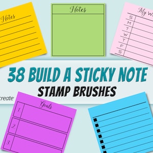 May include: A set of 38 digital stamp brushes for Procreate, featuring various sticky note designs. The notes are in different colours, including yellow, green, pink, purple, and blue, and have different layouts, such as lined, gridded, and blank. The text "38 BUILD A STICKY NOTE STAMP BRUSHES" is displayed in bold, blue letters.
