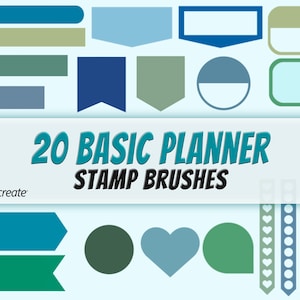May include: 20 Basic Planner Stamp Brushes for Procreate. The image shows a collection of 20 different stamp brushes in various shapes, including circles, squares, rectangles, hearts, and banners. The brushes are in shades of blue, green, and gray.