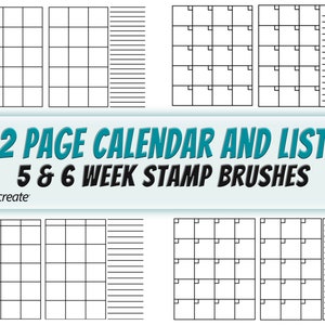 May include: Two printable calendar pages for Procreate, one with a 5-week grid and the other with a 6-week grid. Each page also includes a list section with lined spaces for notes.