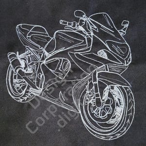 May include: A white line drawing of a motorcycle on a black background. The motorcycle has a large front wheel and a smaller rear wheel. The motorcycle is facing to the right.