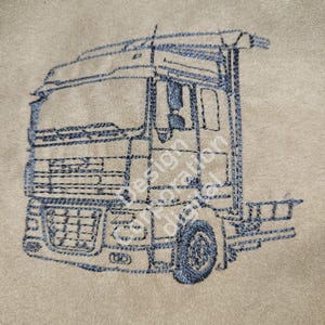 May include: A black and white line drawing of a semi-truck on a beige background.