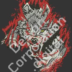 Puede incluir: Un lobo blanco feroz con ojos amarillos irrumpe en un fondo rojo sangriento. Los dientes del lobo est&aacute;n descubiertos y sus garras est&aacute;n extendidas.
