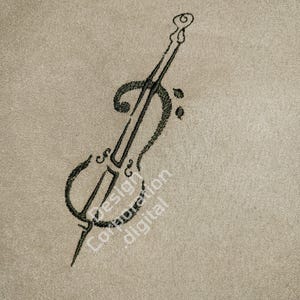 May include: A black and white line drawing of a cello on a beige background. The drawing is stylized and abstract, with the cello's body and neck forming a single, continuous line.