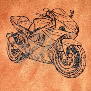 Op de afbeelding: Zwart-witte lijntekening van een motorfiets op een bruine achtergrond.