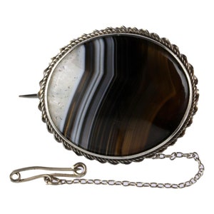 Antique Victorian Scottish Silver Banded Agate Oval Brooch Pin c1880